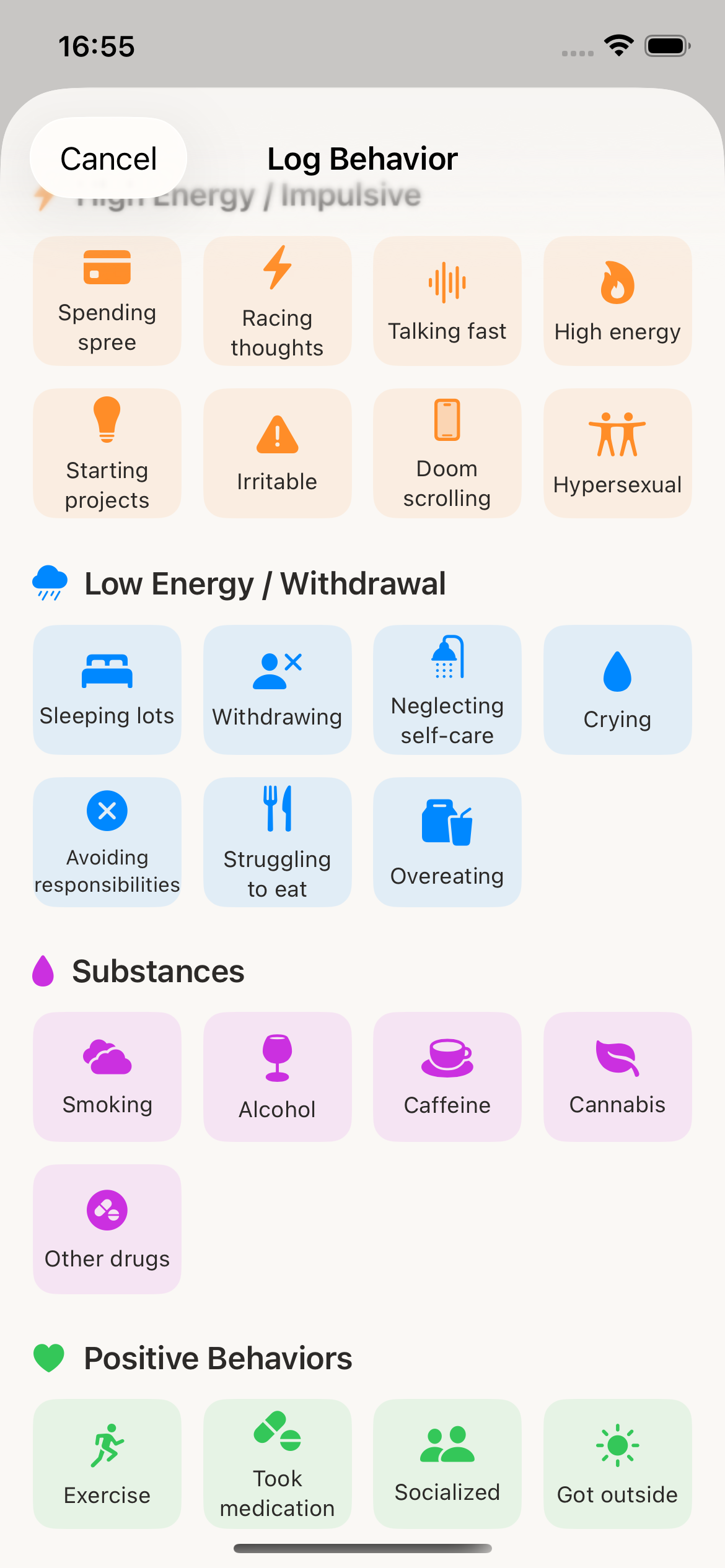 Comprehensive behavior tracking categories